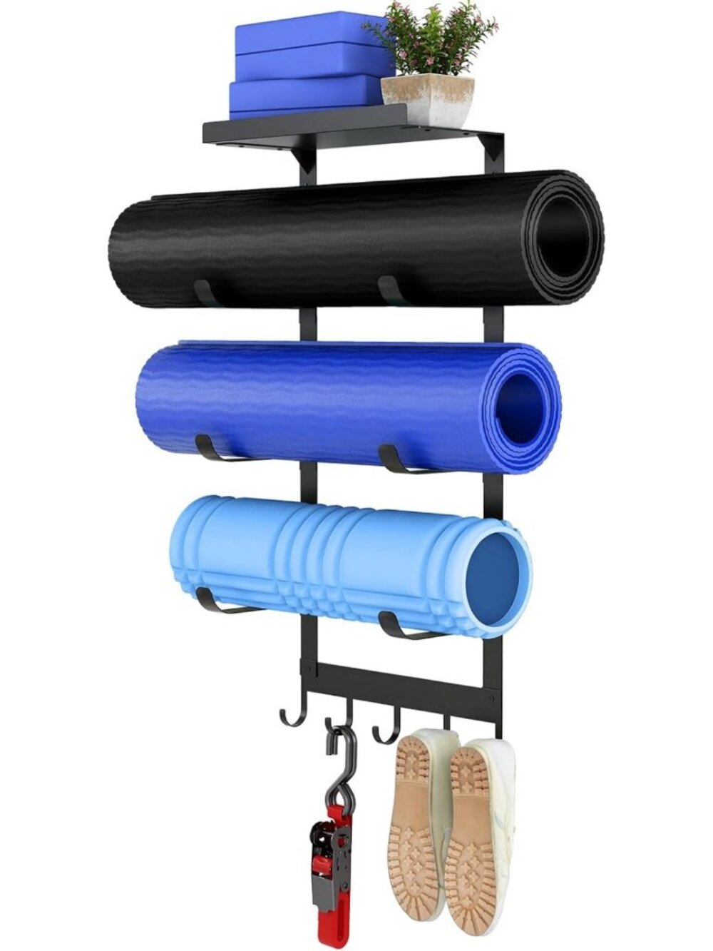 4-Tier Wall Mount Yoga Mat Holder - Space-Saving Storage for Home Gym, Black